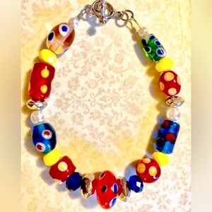 Red Blue Yellow Colorful Polka Dot Chunky Art Glass Bead Toggle Bracelet 8”